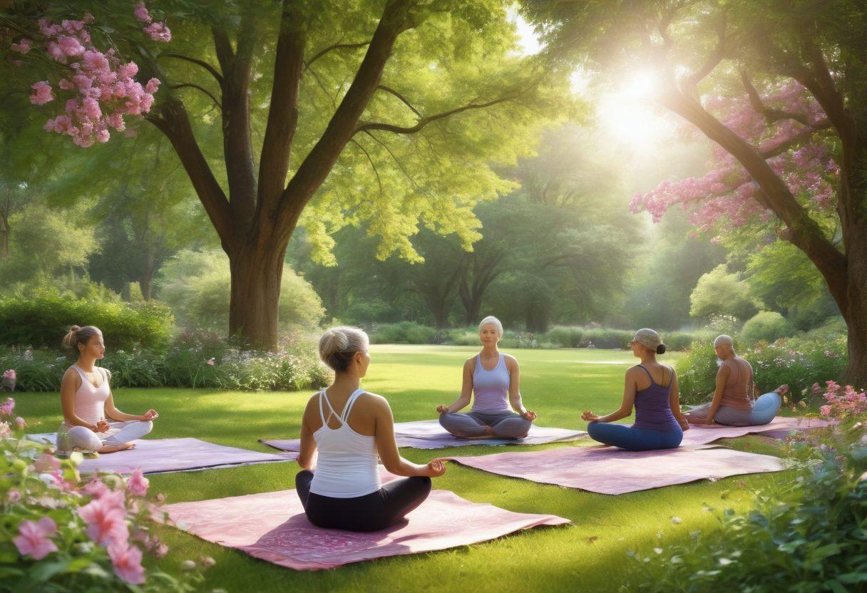 A serene scene depicting a diverse group of cancer survivors engaging in holistic health activities like yoga and meditation in a tranquil park surrounded by lush greenery and blooming flowers. Incorporate elements such as healthy food choices on picnic blankets, uplifting quotes on signs, and soft sunlight filtering through the trees to evoke a sense of hope and wellness. super-realistic. vibrant colors. peaceful atmosphere.