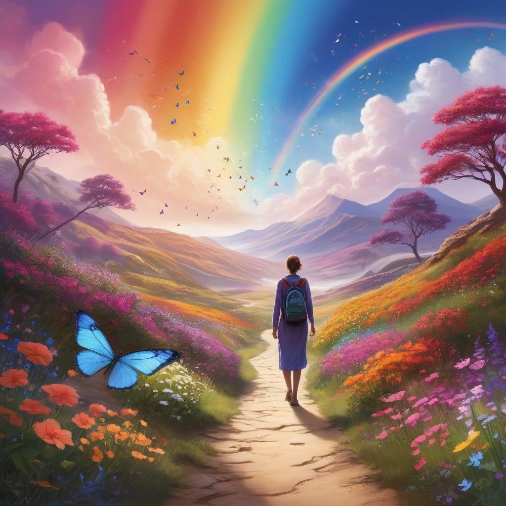 A serene landscape depicting a winding path through a colorful, vibrant terrain representing resilience, with symbols of support like butterflies and rainbows. Include a silhouette of a person walking confidently towards a bright horizon, surrounded by illustrations of resources like books and flowers signifying growth. The atmosphere should convey hope and encouragement for cancer survivors. super-realistic. vibrant colors. uplifting theme.