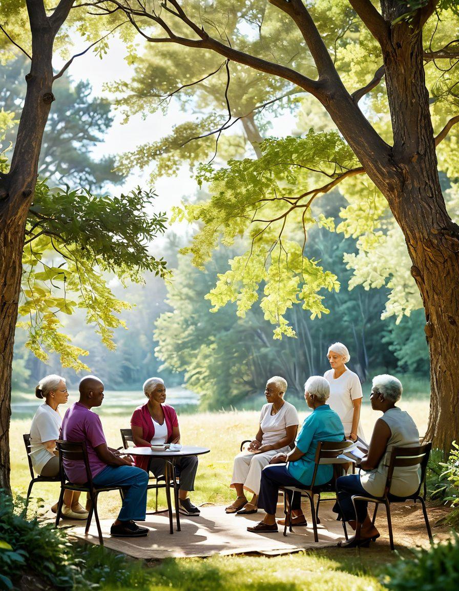 A serene scene depicting a diverse group of cancer patients and survivors in a supportive gathering, surrounded by nature, symbolizing hope and healing. Incorporate elements like a caregiver assisting a patient, informational brochures about cancer support services, and soft sunlight filtering through trees. Emphasize diversity in age and ethnicity to reflect inclusivity. The overall atmosphere should be warm and uplifting. super-realistic. vibrant colors. soft focus.